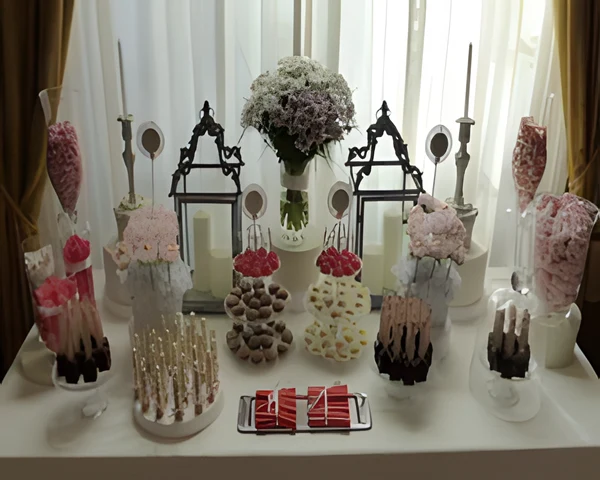 Candy bar con mesa de dulces y golosinas